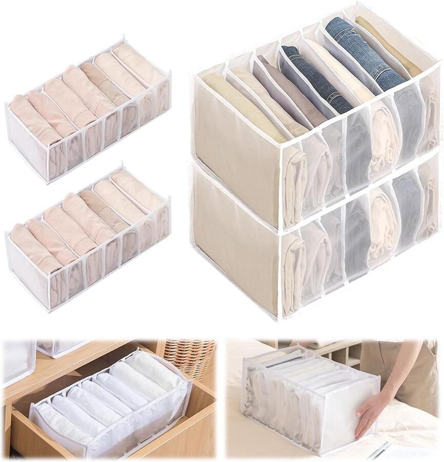 Allecto Plus Kledingorganizers Set van 4 Stuks Opvouwbare Mesh-Opbergdoos 7 7 9 9 Vakken Wasbaar Witte Stoffen Ladeorganizer Flexibiliteit en Porositeit Ondergoed Lade Organizer Lingerie Babykleding T-Shirt Jeans