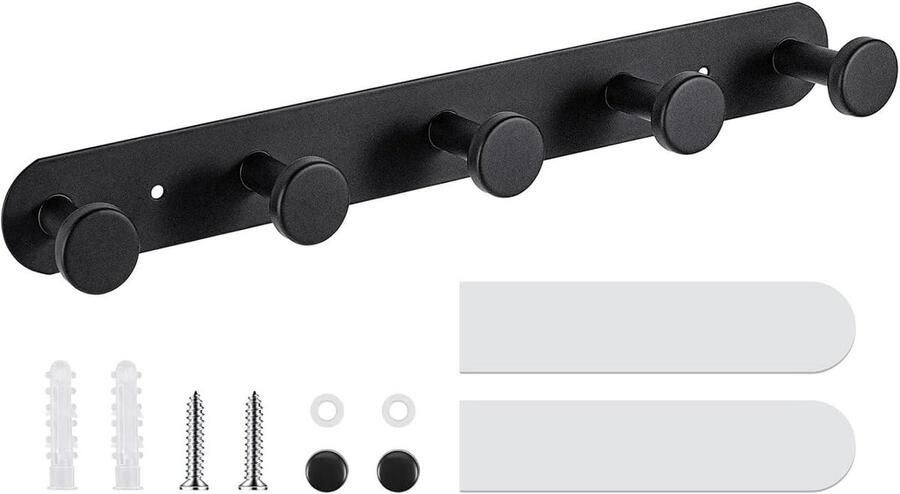 Allecto Plus Heavy-Duty roestvrijstalen kapstokhaken zelfklevende muurmontage zwart 5 hangers badkamer slaapkamer keuken opslagorganisatie