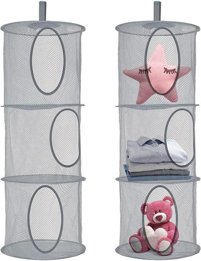 Zeynomax Set van 2 Ophangbare Opbergnet Manden met 3 Vakken Opvouwbare Speelgoedopbergzak voor Kinderkamer en Badkamer Grijs