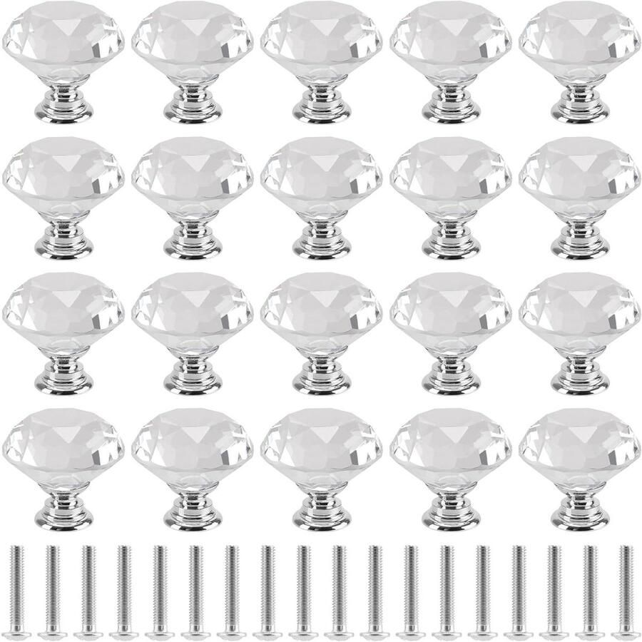Inovra Plus 20-delige set zilverkleurige kristallen deurknoppen 30 mm Aluminium ladeknoppen met schroeven voor kasten Luxe design voor kledingkasten en lades