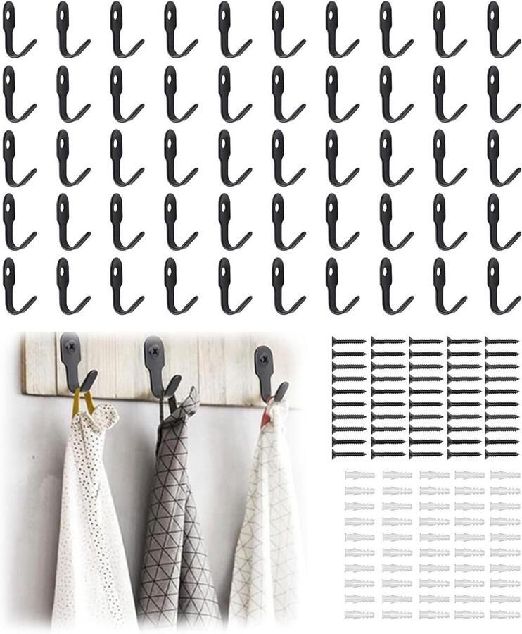 Allecto Plus Set van 50 wandhaken om vast te schroeven voor mantel sleutels handdoek retro deurhaken zwart roestvrij staal keuken badkamer kantoor kast decoratieve haken opbergoplossing