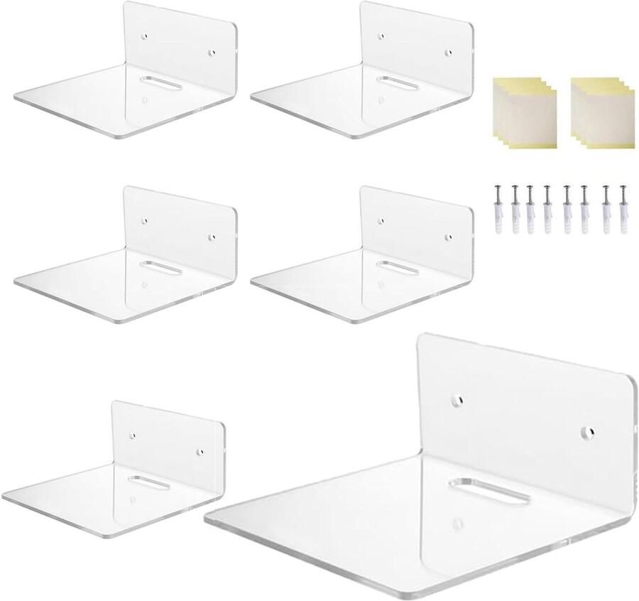 Inovra Plus Acryl zwevende planken set van 6 102 x 48 x 99 mm transparante wandplanken voor planten en fotolijsten decoratieve lijmoplossing