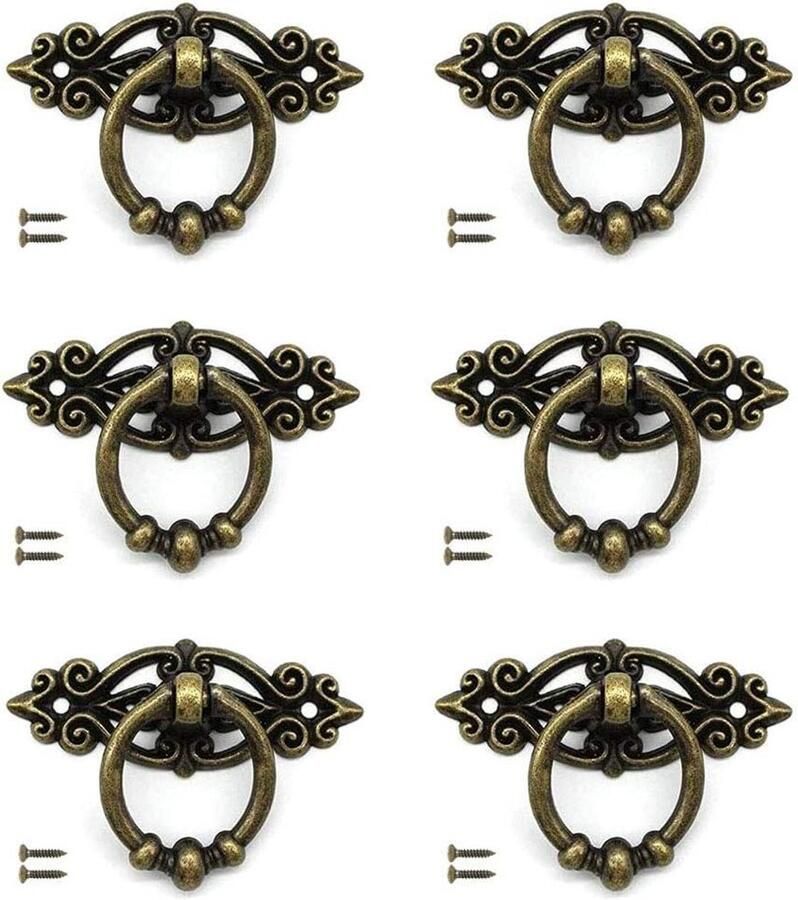 Zeynomax Vintage Keukenkast Deur Handgrepen 6 stuks Antiek Messing Dressoir Knoppen Kast Lade Ring Pull Keukeninrichting