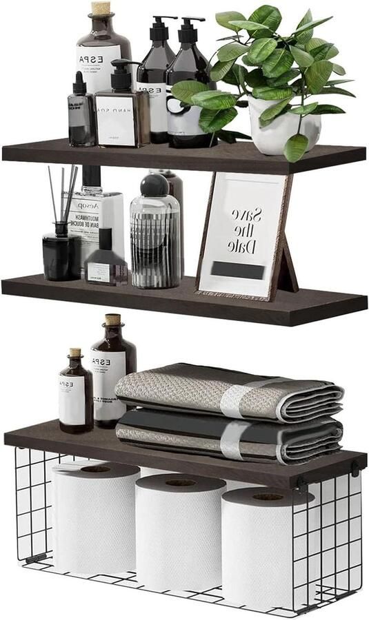 Zeynomax Wanddecoratie houten badkamerrek met draadopbergmand set van 3+1 badkamer en keukenorganisatie wandplanken voor toilet boven geschikt voor woonkamer kantoor en slaapkamer