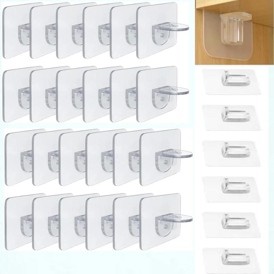 Allecto Plus Zelfklevende houders voor planken van transparant kunststof 30 stuks Ideaal voor kasten boekenkasten en badkamer
