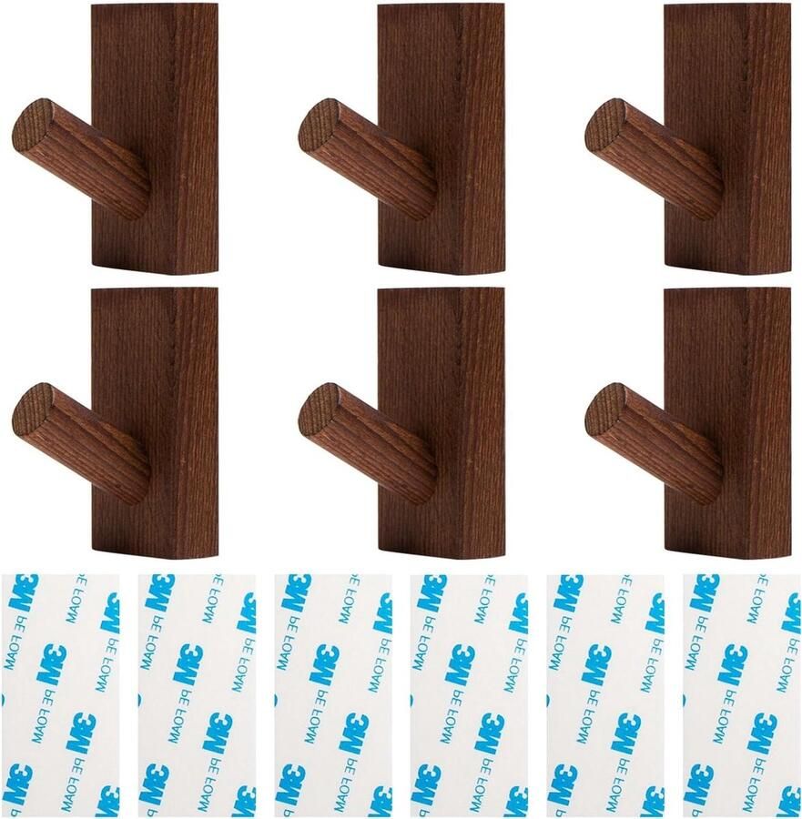 Zeynomax Zelfklevende wandhaken houtkleur Set van 6 Kapstok zonder boren Voor ingang en kinderkamer Muurhaken hout zelfklevend Kleding hoed en sjaalsophanging