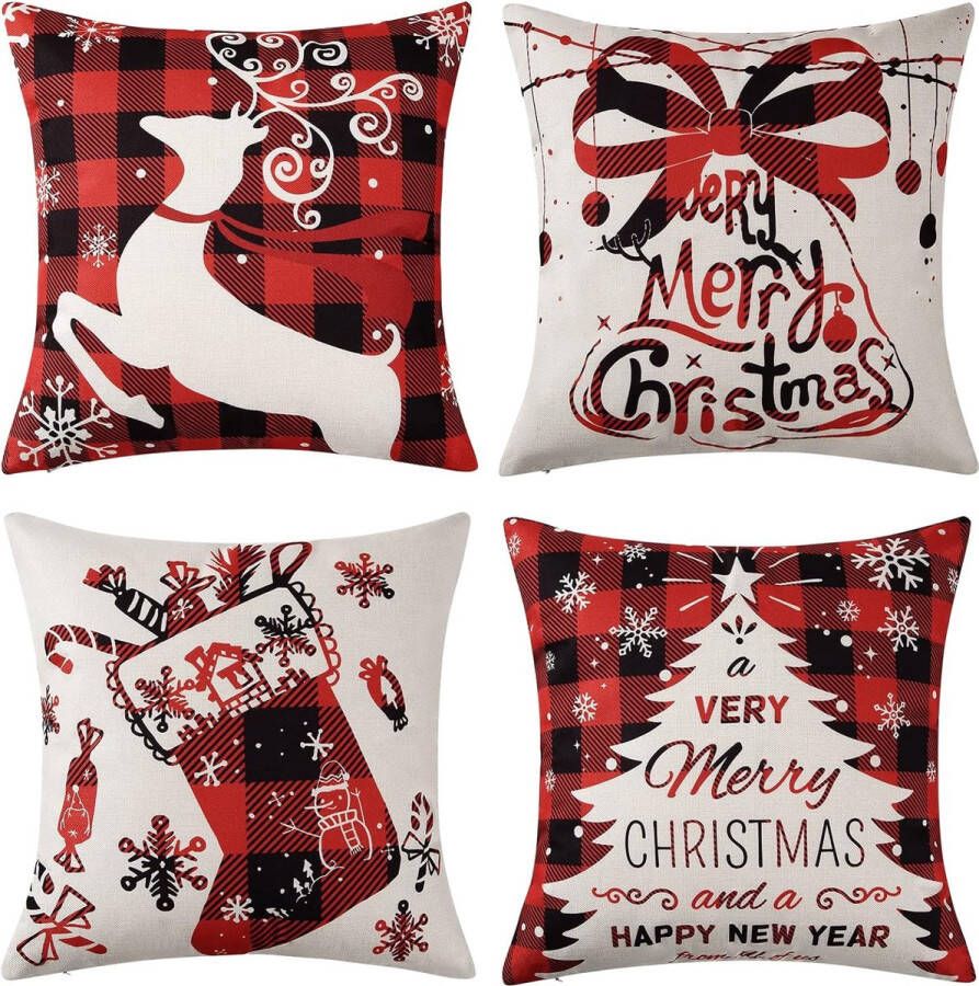 zhs 4-pack kerstontwerp kussenhoezen sierkussen voor bank kerstkamer decoraties 18 x 18 katoen linnen rood decoratief kerstvierkant kussensloop kerstsokken herten en boom rood