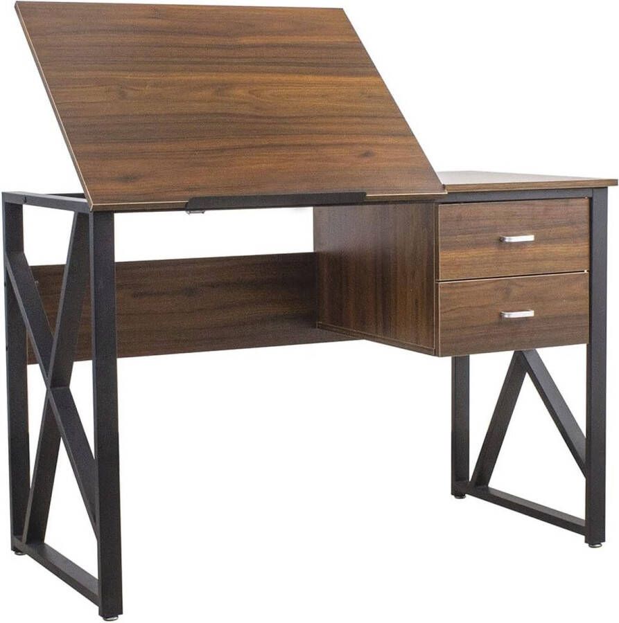 Zhs bureau met laden 2 laden en kantelbaar tafelblad voor werkplek computer metalen frame en tafelblad van MDF hout interieur thuiskantoor 110 x 75 x 55 cm (gietijzer)