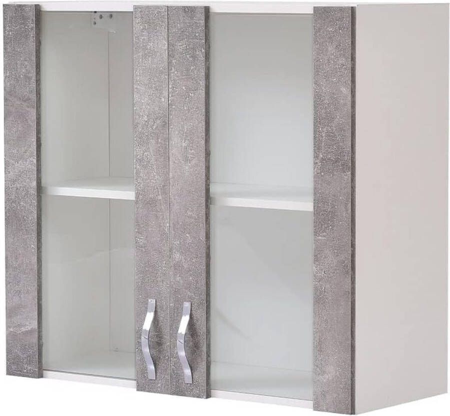Zhs Dressoir keukenkast met glas wandkast voor wand beglazing hout twee deuren 1 opbergvak 2 vakken ruime kast robuust grijs beton 80 x 32 x 72 cm