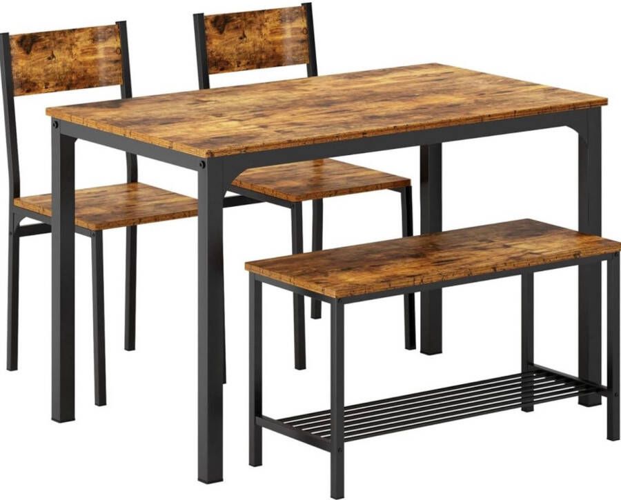 Zhs Eetgroep eettafel set 4-delig eetkamertafel meubels tafel set 2 stoelen en zitbank met plank van hout en stalen frame voor eetkamer keuken