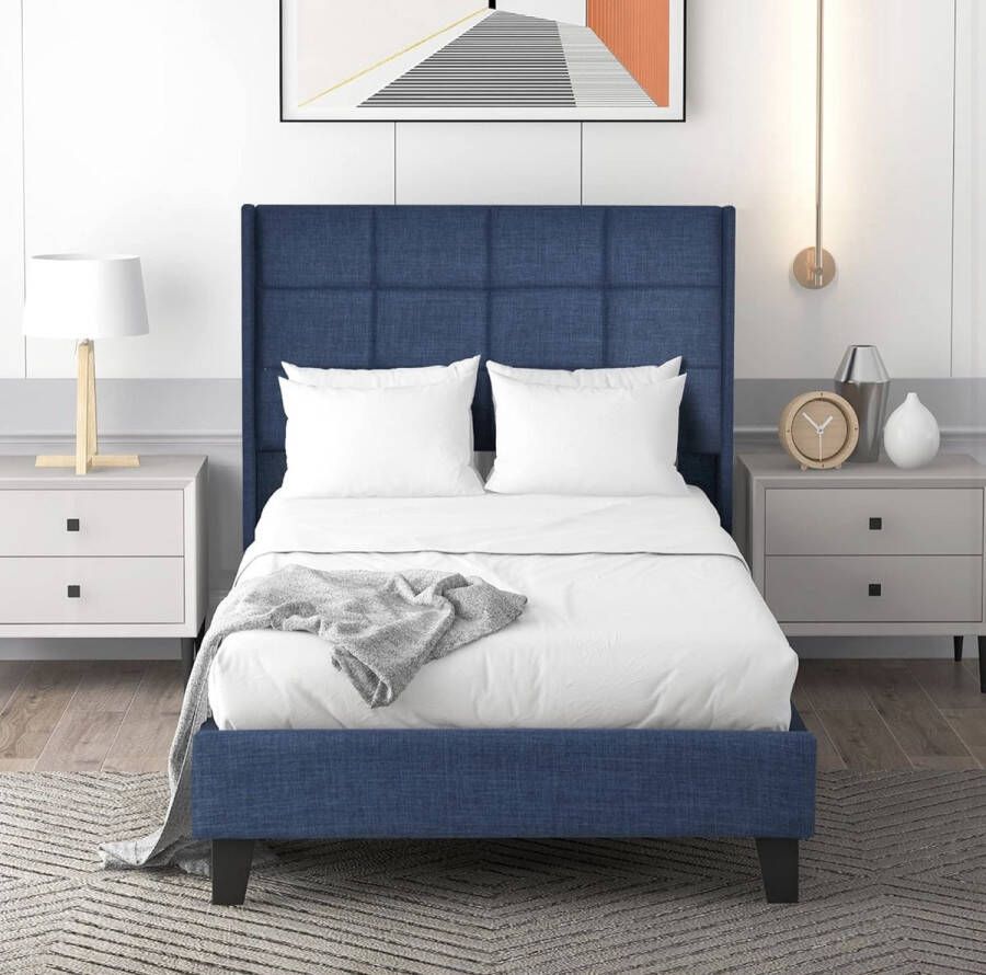 Gewatteerd bed met gestoffeerd hoofdeinde eenpersoonsbed met lattenbodem 90 x 200 cm van blauw linnen stevig (zonder matras)