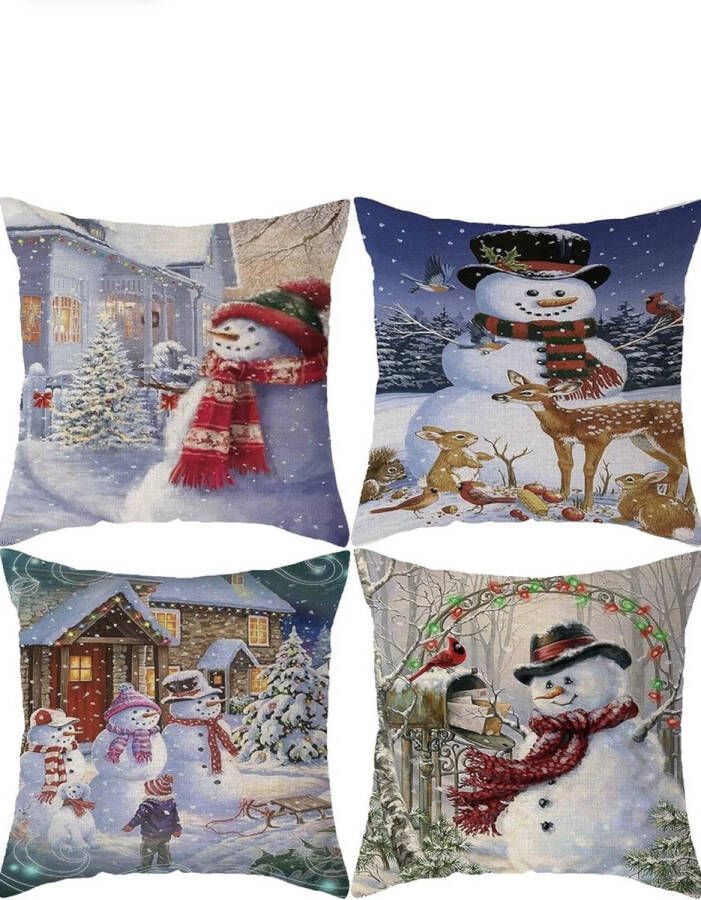 zhs Kerst kussenslopen 40x40cm set van 4 kerstversieringen sneeuwpop eland decoratieve kussenslopen voor bank Xmas Decor