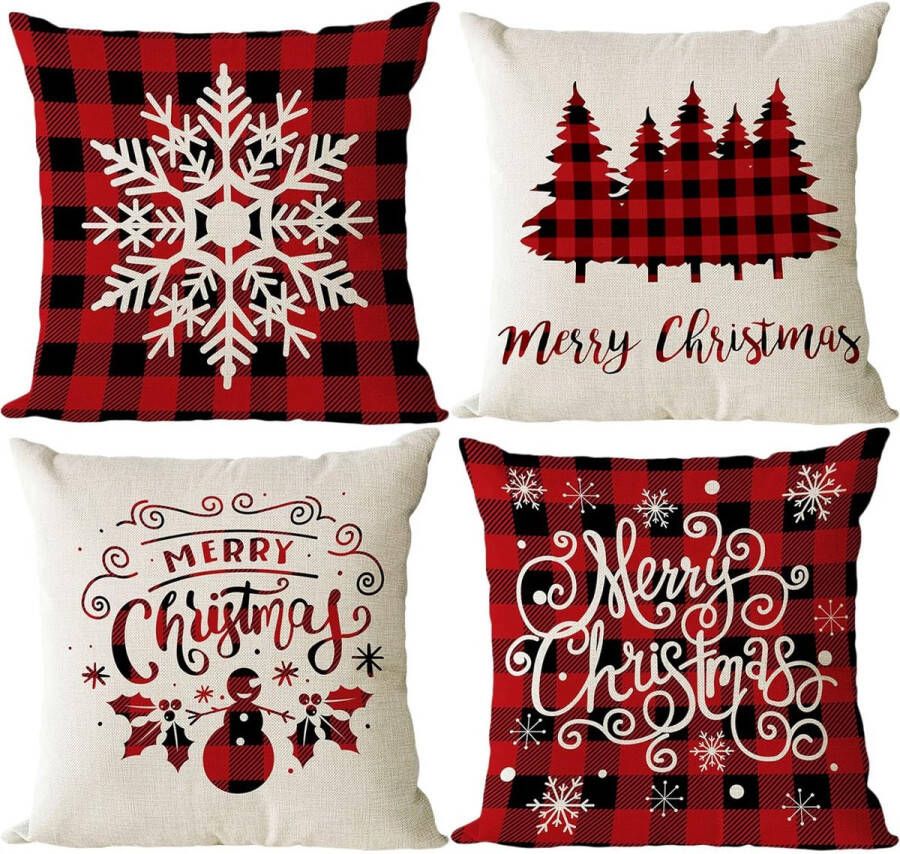 zhs Kerst Kussenslopen 45x45cm Set van 4 Kerstversiering Buffalo Plaid Sneeuwvlok Kerstboom Decoratieve Sierkussens voor Bank Xmas Decor