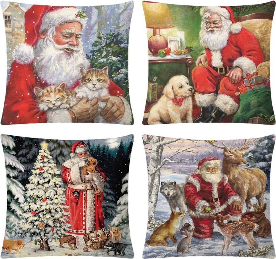 zhs Kerstkussenslopen 45 x 45 cm set van 4 kerstdecoraties kerstversiering kerstman eland decoratieve kussenhoezen voor bank Kerstmis winter vakantie decoratie