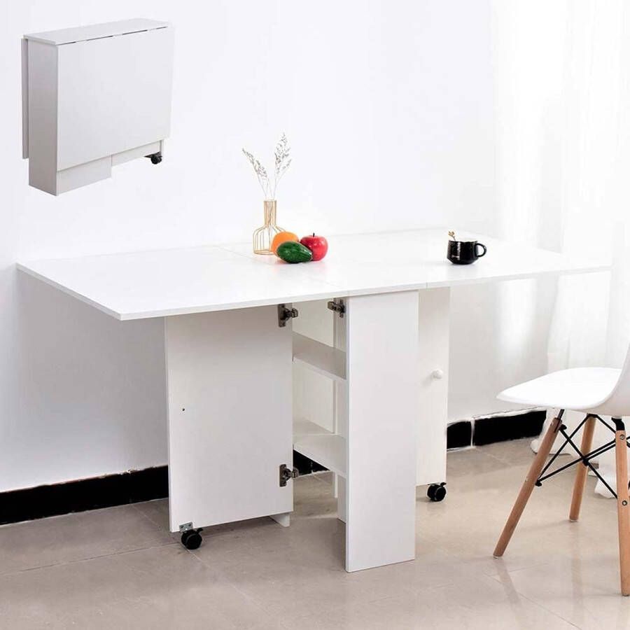 Zhs multifunctionele eettafel opvouwbaar uitschuifbaar met boekenkast 2 vakken intrekbare planken en wielen van MDF-hout modern design 140 x 80 x 74 cm (wit)