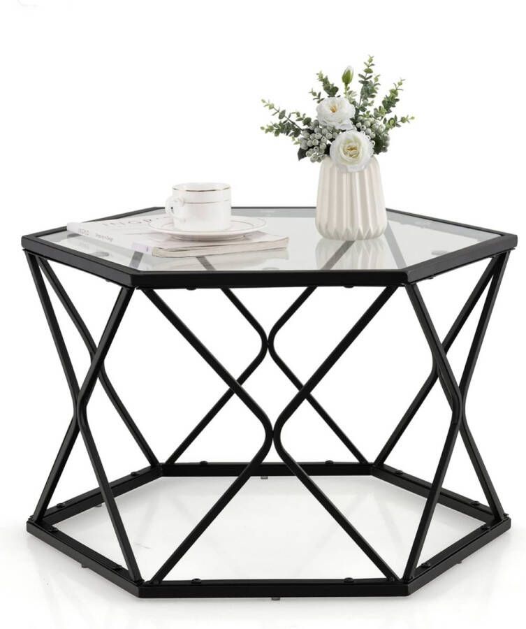 Zhs Salontafel zeshoekig Luxe bijzettafel woonkamertafel van gehard glas glazen tafel met geometrisch metalen frame moderne koffietafel voor woonkamer kantoor en balkon