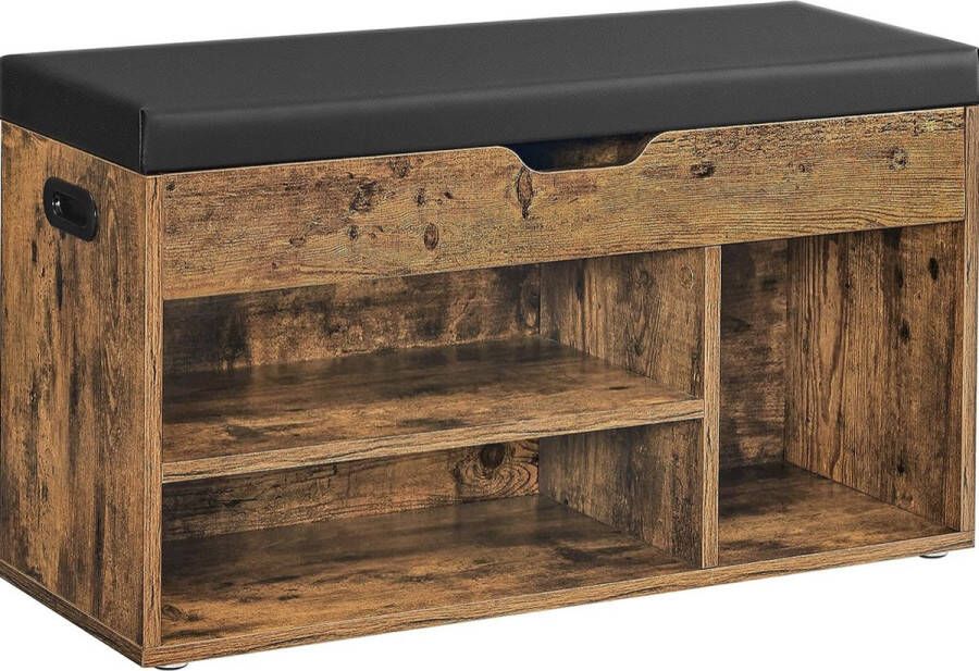 Schoenenbank met zitting zitbank met opbergruimte gevoerd 3 open vakken vak onder zitkussen schoenenrek voor woonkamer hal tot 150 kg belastbaar vintage bruin LHS30BX