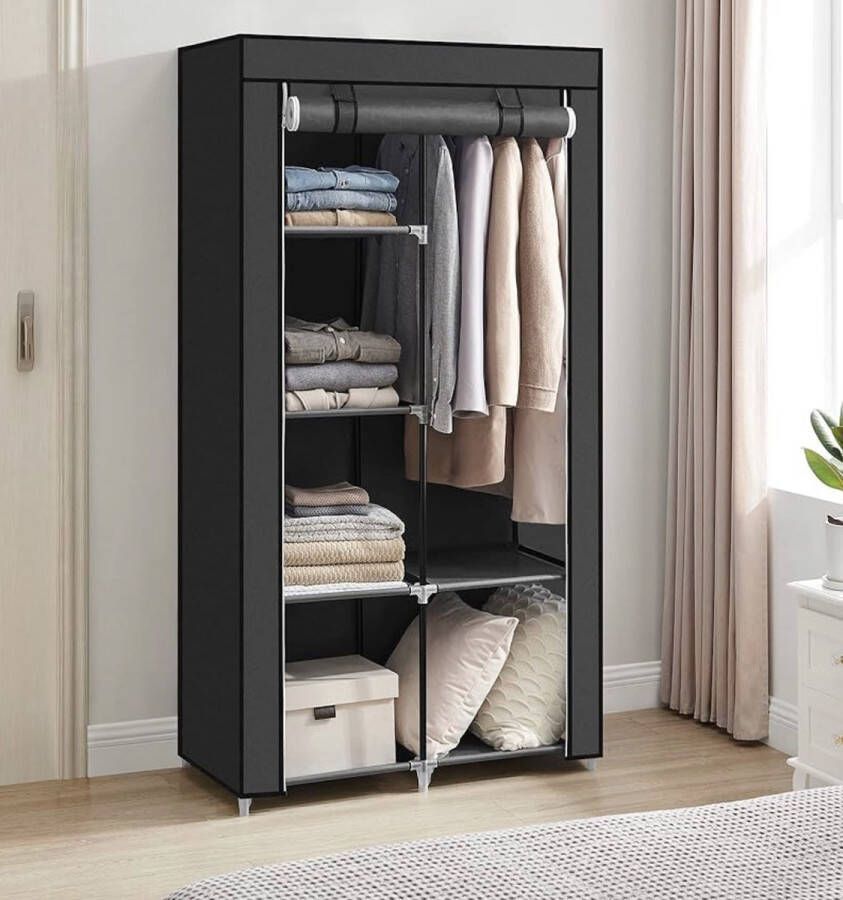 Zhs Stoffenkast garderobe 2 kledingrails 6 legplanken montagemogelijkheden 88 x 45 x 168 cm voor slaapkamer kleedkamer zwart RYG84H