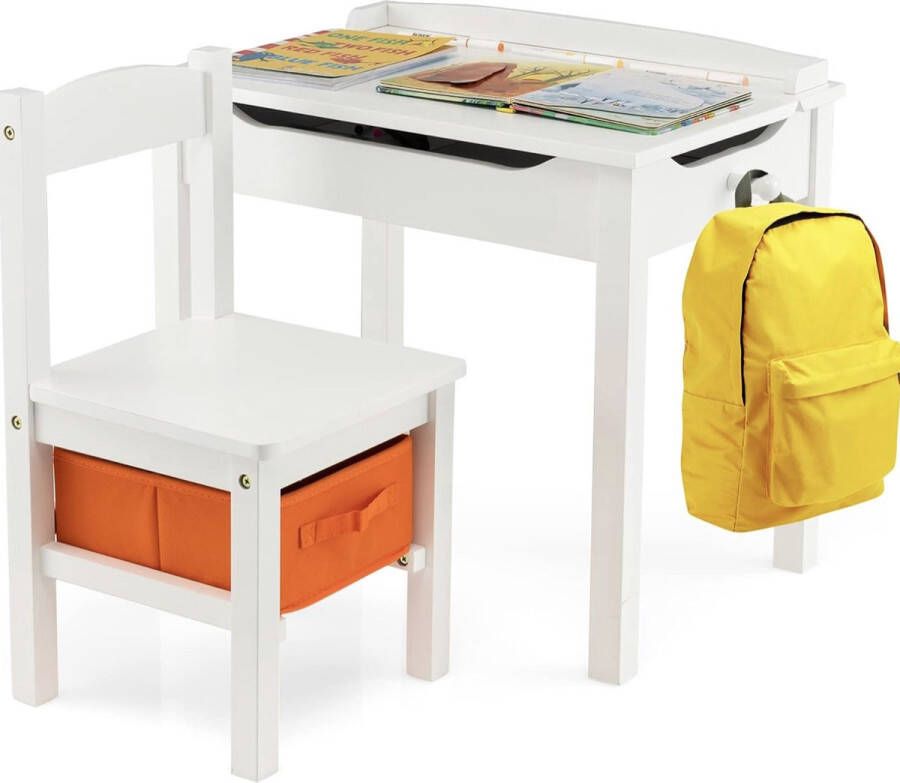 zhs Tafel- en stoelset voor kinderen met haak voor rugzak klein kinderbureau met 1 stoel en opberglade van grenenhout maximale belasting 70 kg voor 3 jaar + (wit)