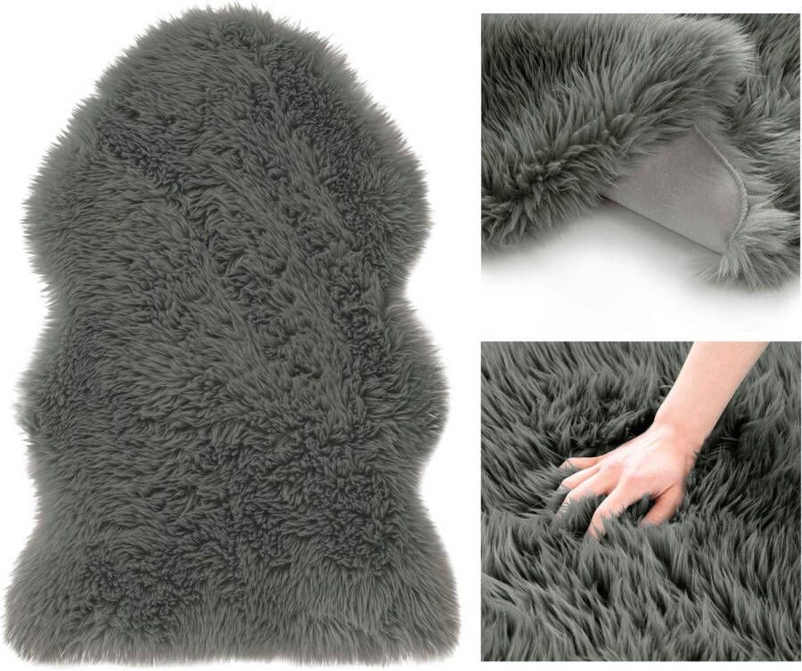 Zhs Vloerkleed Lamsvacht Imitatiebont Hoogpolig Bedmat Antraciet Diameter 60 cm