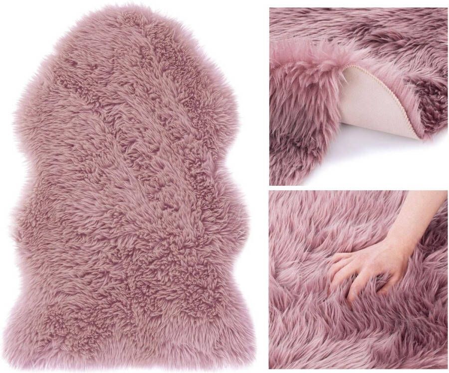 Zhs Vloerkleed lamsvacht kunstbont hoogpolige bedmat lila 50x80 cm