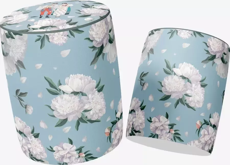 Zijou Luxe Poef Bloemen blauw rond Suède- Modern- Zitbank Voetenbak Ø40 x45 cm