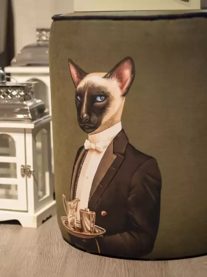 Zijou Luxe Poef Heer Kat rond Suède- Modern- Zitbank Voetenbak Ø40 x45 cm