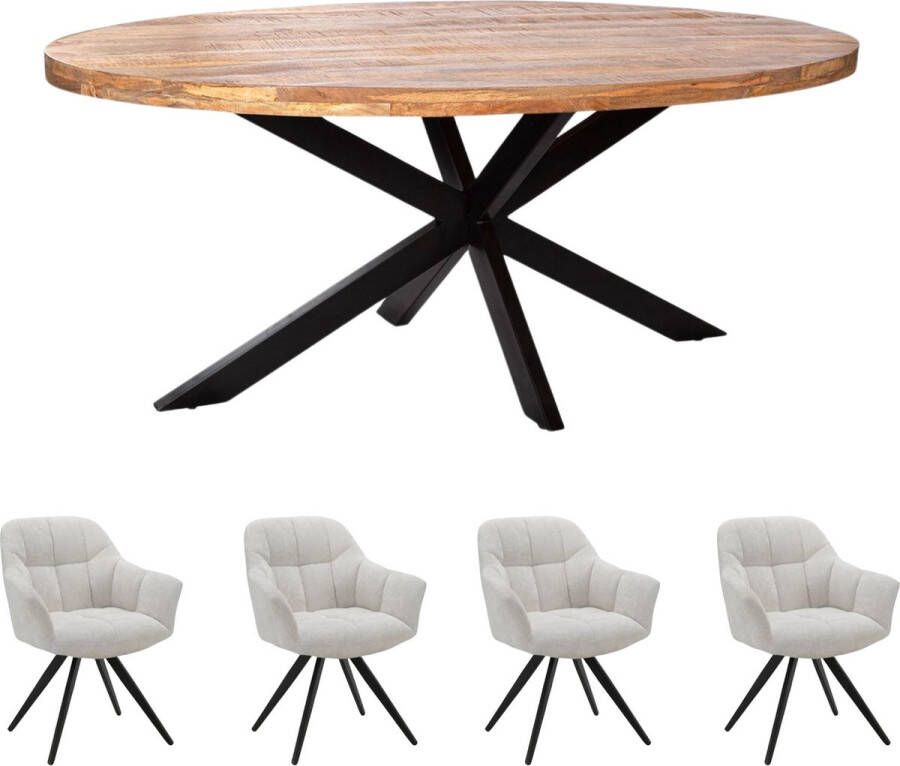 Zita Home Combi Voordeel Eettafel 190cm + set van 4 stoelen Mangohout Ovale eettafel set van 4 antraciete draaibare stoel