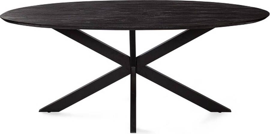 Zita Home eettafel 190cm ovale tafel volledig zwart Industrieel met kruispoot 180x90x77cm massiefhout