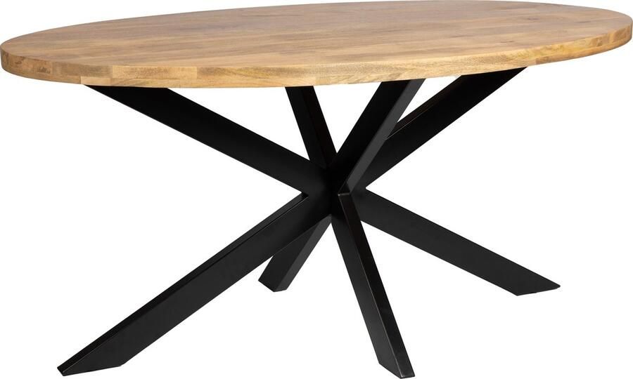 Zita Home ovale eettafel van 170cm lang in massief hout met metaal zwart kruisframe 90cm breed