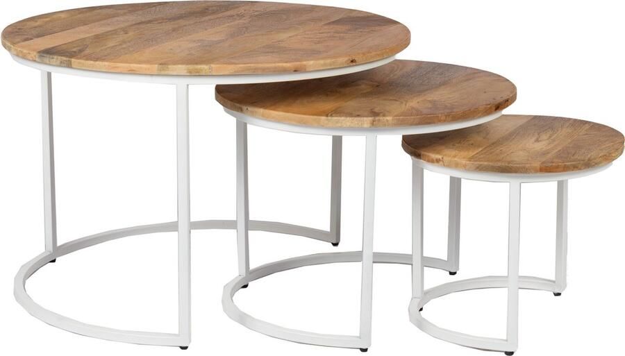 Zita Home Salontafelset van 3 rond massief mango hout met wit frame metaal 70cm
