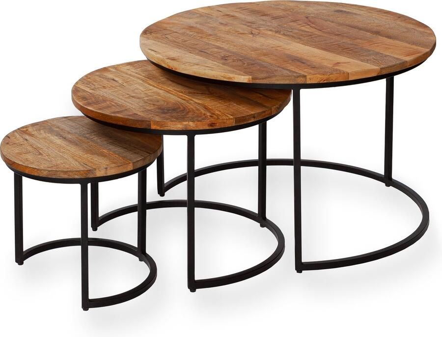 Zita Home Salontafel set van 3 70cm in diameter massief hout met zwart metalen frame - Foto 3