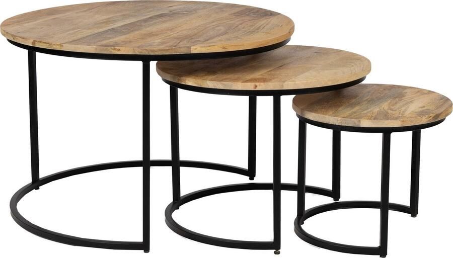 Zita Home Salontafel set van 3 70cm in diameter massief hout met zwart metalen frame - Foto 2