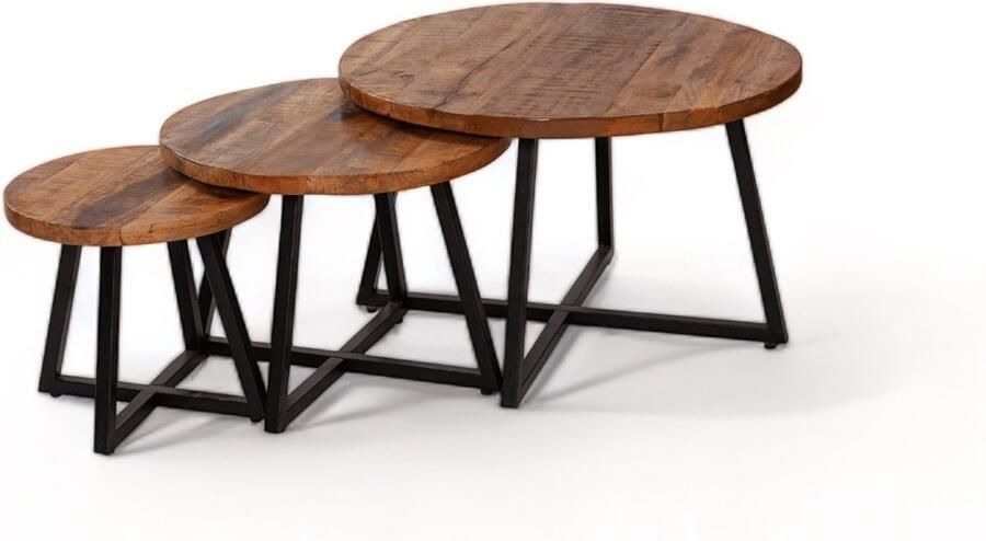 Zita Home Birdy Salontafel set van 3 Massief Mangohout Zwarte u poten van metaal Rond