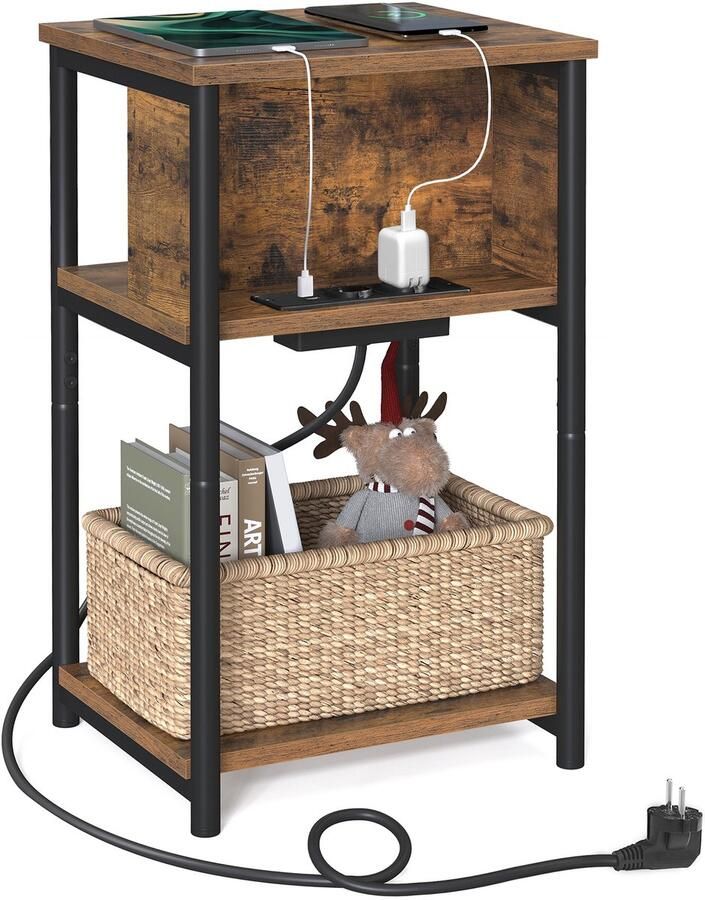 Zivv Bijzettafel met Stopcontact – 2 USB & 2 AC Poorten – Kabelbeheer – Compact Nachtkastje 30x34x58 cm – Stijlvol & Praktisch Bruin