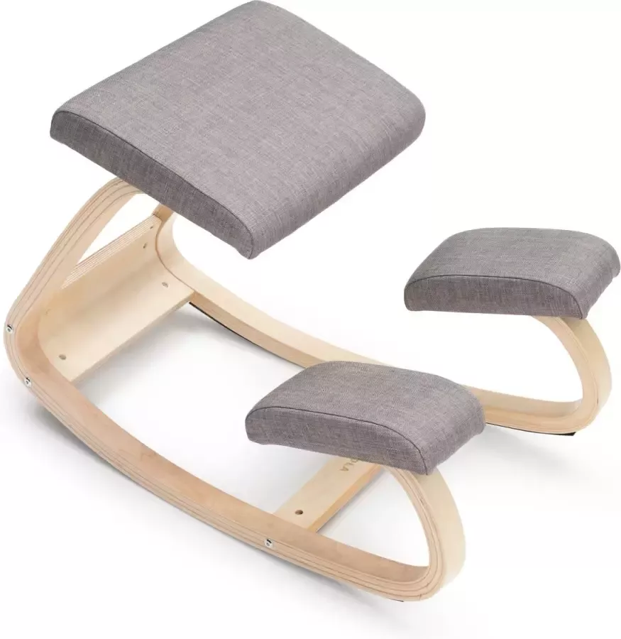 Zola Kniestoel Ergochair Ergonomische werkkruk en Bureaustoel Werkkruk Max 130 kg Naturel Hout Grijs Linnen