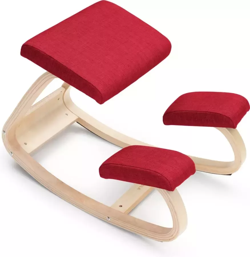 Zola Kniestoel Ergochair Ergonomische werkkruk en Bureaustoel Werkkruk Max 130 kg Naturel Hout Rood Linnen
