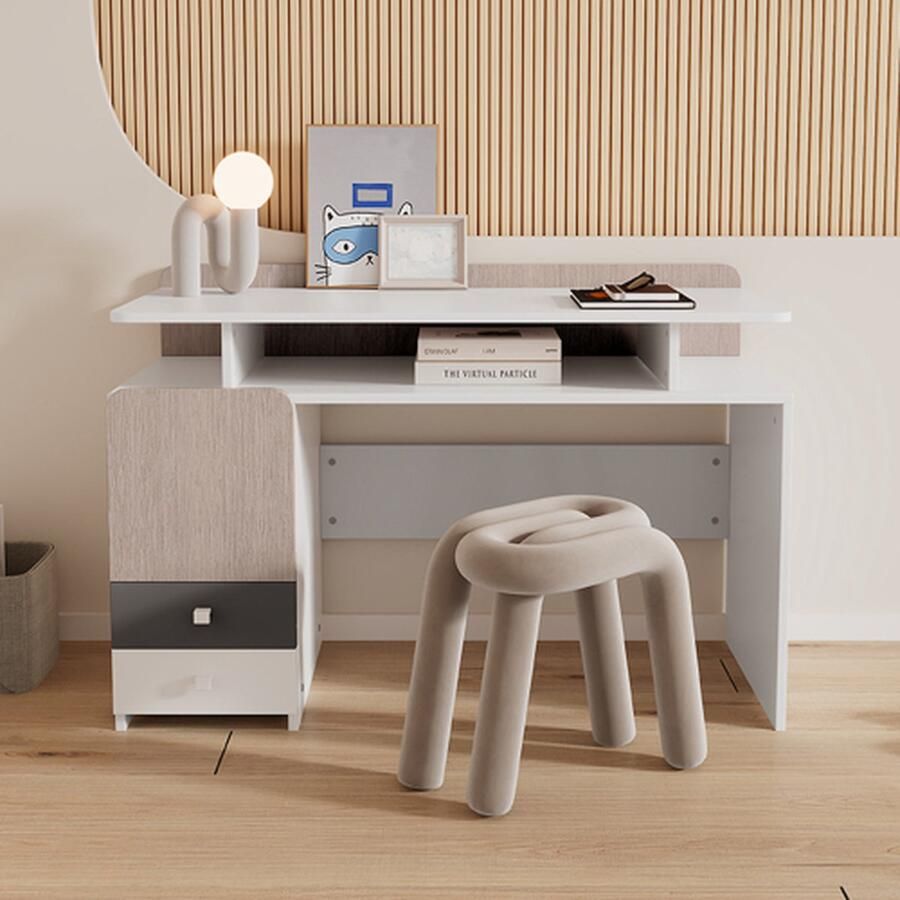 Zonder merk Gotagee Bureau Studie Tafel Jeugdtafel met Drie Laden en een Tussenplank Laden met Stille Glijders MDF Wit + Lichte Essenhoutkleur + Grijs