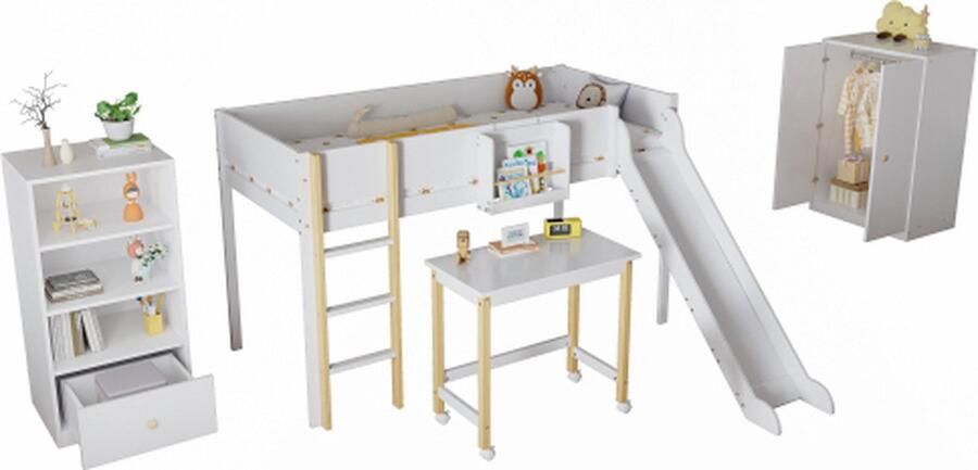 Zonder merk Gotagee Complete slaapkamer set 3-delig 90x200cm Stapelbed met glijbaan en tafel Kast en boekenrek met meerdere opbergruimten Grenenhout Wit+Natuur - Foto 2