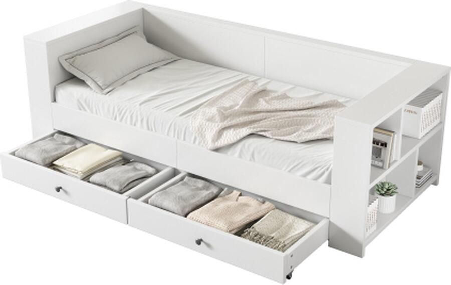 Zonder merk Gotagee Daybed 90x200 cm Eenpersoonsbed (zonder matras) Wit met twee lades en opbergvakken