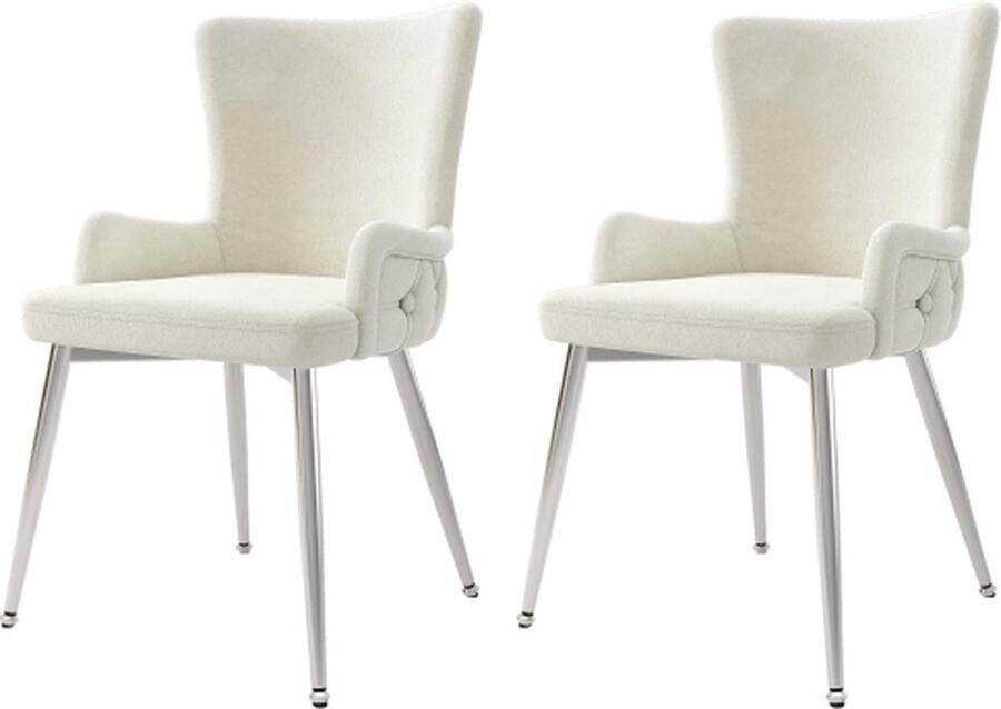Zonder merk Gotagee Eetkamerstoel set van 2 fauteuils woonkamerstoel slaapkamerstoel loungestoel beige fluweel met vier zilverkleurige metalen steunpoten