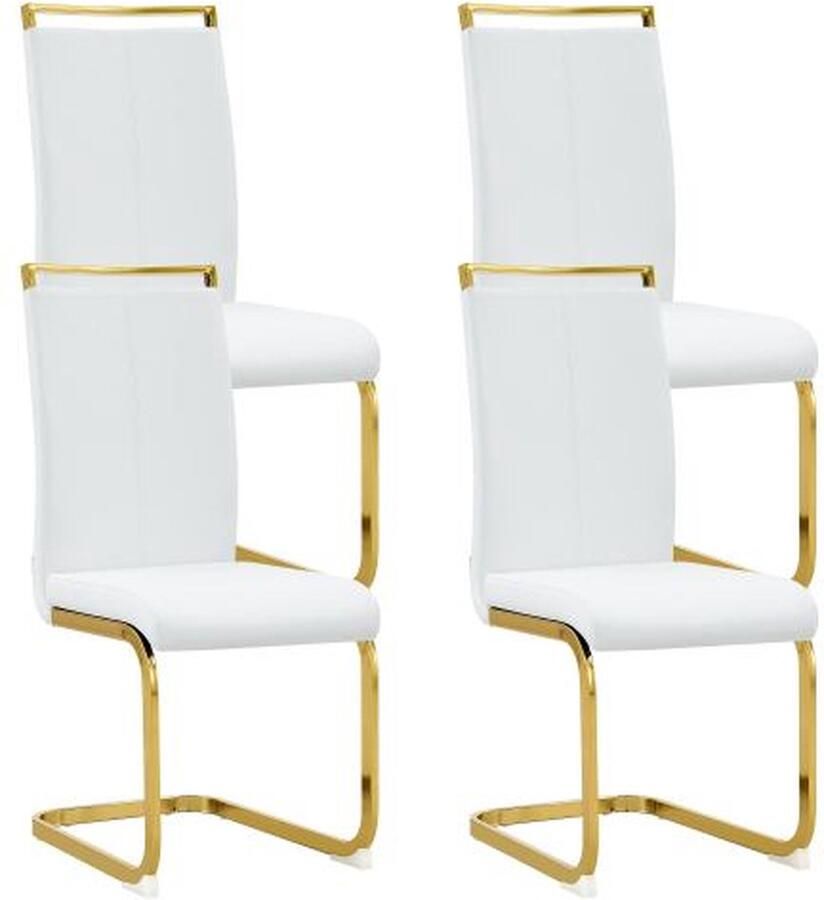 Zonder merk Gotagee Eetkamerstoelen 4 set Waterdichte stoel Wit PU Hoge rugleuning gestoffeerde stoel Goudkleurig verchroomd metalen frame