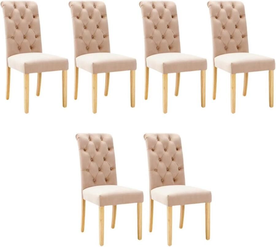 Zonder merk Gotagee Eetkamerstoelen Set van 6 met eikenhouten poten Knop Chroom Klopper Slaapkamerstoel Keukenstoel Woonkamer Lounge Vrijetijdsstoel Bruin Fluweel