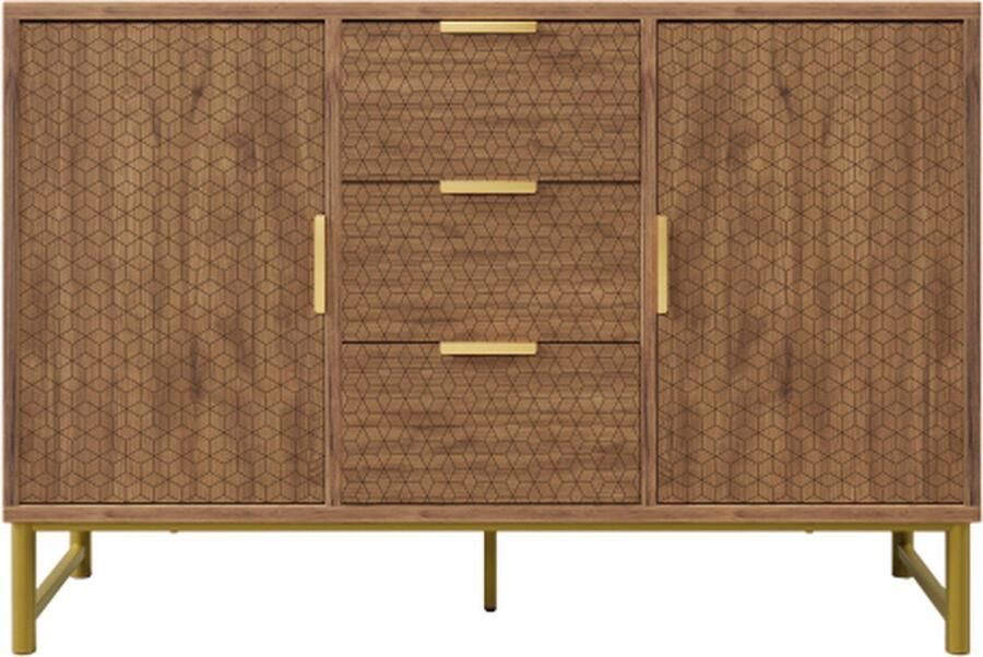 Zonder merk Gotagee Geëmbosseerde structuur ladekast Dressoir met metalen handgrepen Ladekast met 3 laden en 2 deuren Verstelbare compartimenten kantelbestendig 120x40x75cm notenhout