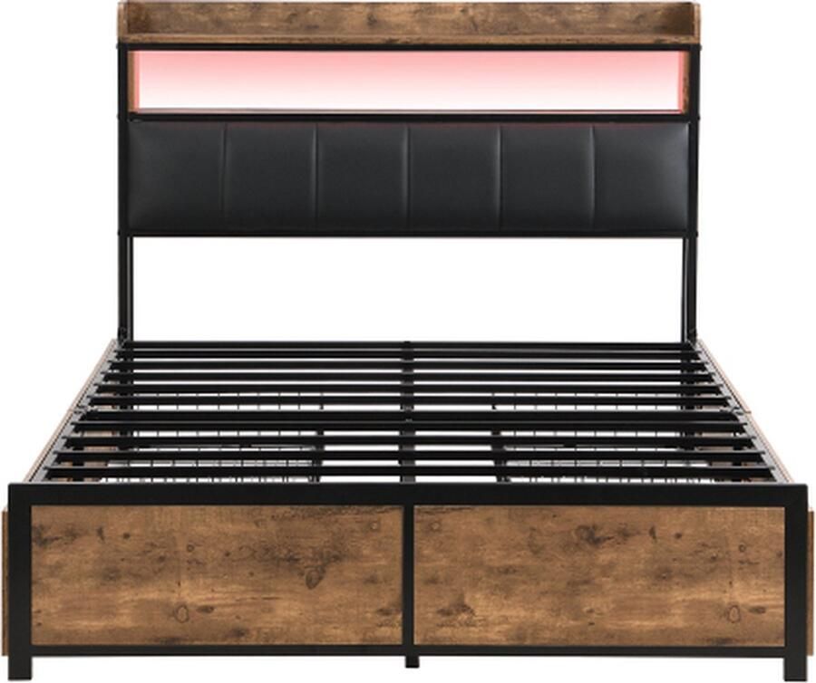 Zonder merk Gotagee Gestoffeerd bed 140x200cm Jeugdbed (zonder matras) met LED ​​Zwart PU