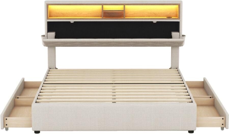 Zonder merk Gotagee Gestoffeerd bed 140x200cm Tweepersoonsbed (zonder matras) Beige Functioneel bed met LED en USB Verstelbaar hoofdeinde