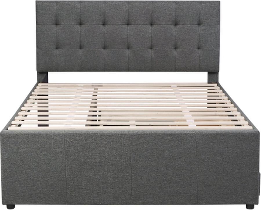 Zonder merk Gotagee Gestoffeerd bed 140x200cm Tweepersoonsbed (zonder matras) Grijs Familiebed met uitschuifbaar bed Verstelbaar hoofdeinde met drie laden