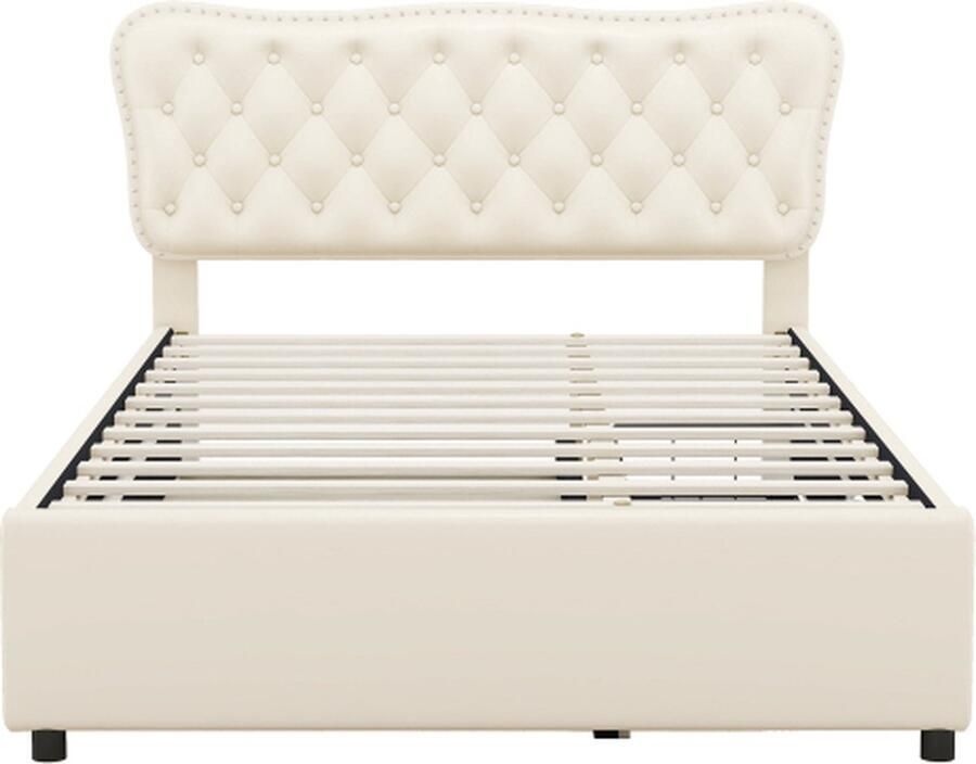 Zonder merk Gotagee Gestoffeerd bed 140x200cm Tweepersoonsbed (zonder matras) PU Beige met 90x190 cm opklapbed en twee lades