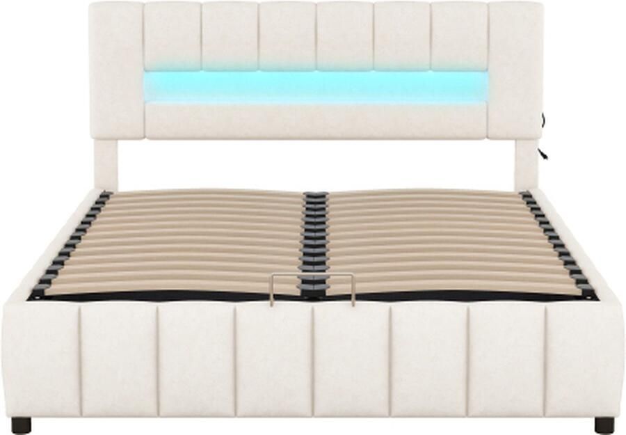 Zonder merk Gotagee Gestoffeerd bed 180x200cm Tweepersoonsbed (zonder matras) Beige Platformbed Familiebed met LED en opbergruimte