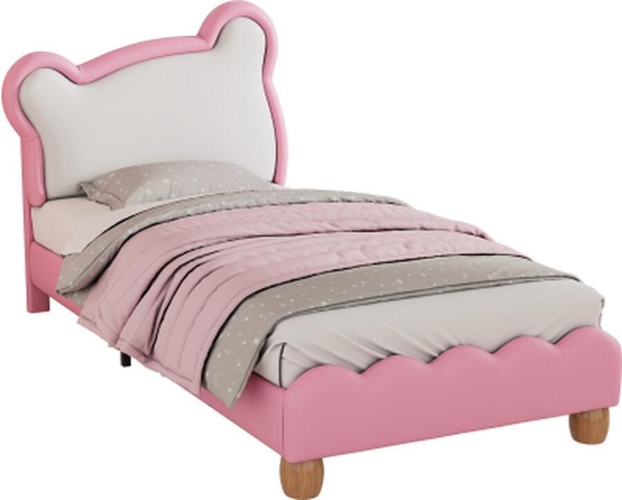 Zonder merk Gotagee Gestoffeerd bed 90x200cm Eenpersoonsbed (zonder matras) PU Roze Kinderbed Jeugdbed met knuffelig berenhoofdeinde
